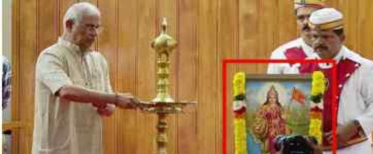 രാജ്ഭവനിലെ പരിപാടിയിൽ ഭാരതാംബ ചിത്രത്തില്‍ പുഷ്പാര്‍ച്ചന, പ്രതിഷേധിച്ച് മന്ത്രി വി ശിവന്‍കുട്ടി
