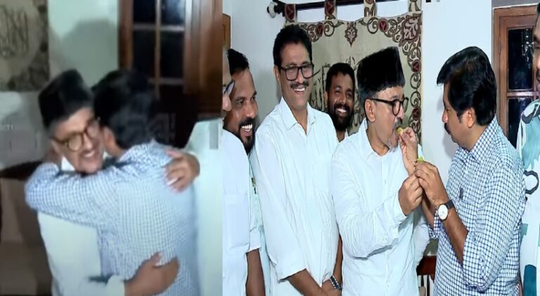‘ഒറ്റക്കെട്ടായി മുന്നോട്ടുപോകും’; വിജയ മധുരം പങ്കിട്ട് സാദിഖലി ശിഹാബ് തങ്ങളും ആര്യാടൻ ഷൗക്കത്തും