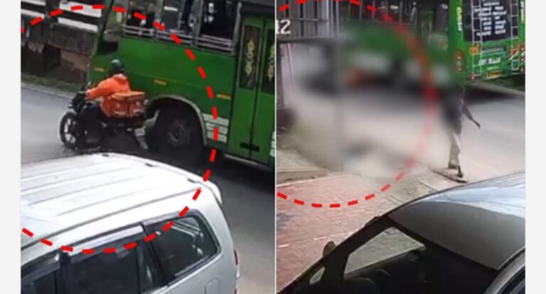 അമിത വേഗതയിലെത്തിയ സ്വകാര്യ ബസ് ബൈക്കിലിടിച്ച് അപകടം; സ്വിഗ്ഗി ജീവനക്കാരന് ദാരുണാന്ത്യം, സിസിടിവി ദൃശ്യങ്ങൾ പുറത്ത്